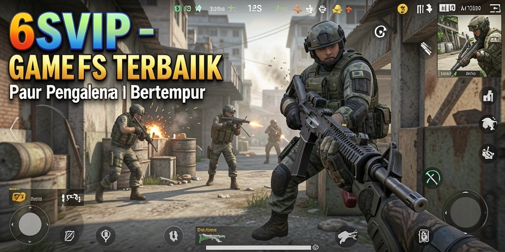 Screenshot utama 6SVIP menampilkan aksi tembak-menembak yang intens.