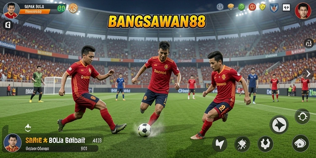 Screenshot permainan BANGSAWAN88 menampilkan aksi pertandingan sepak bola yang seru.
