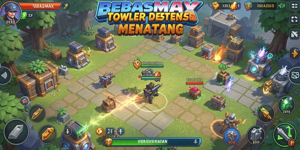 Gameplay seru dalam BEBASMAX, menara bertahan menghadapi gelombang musuh.