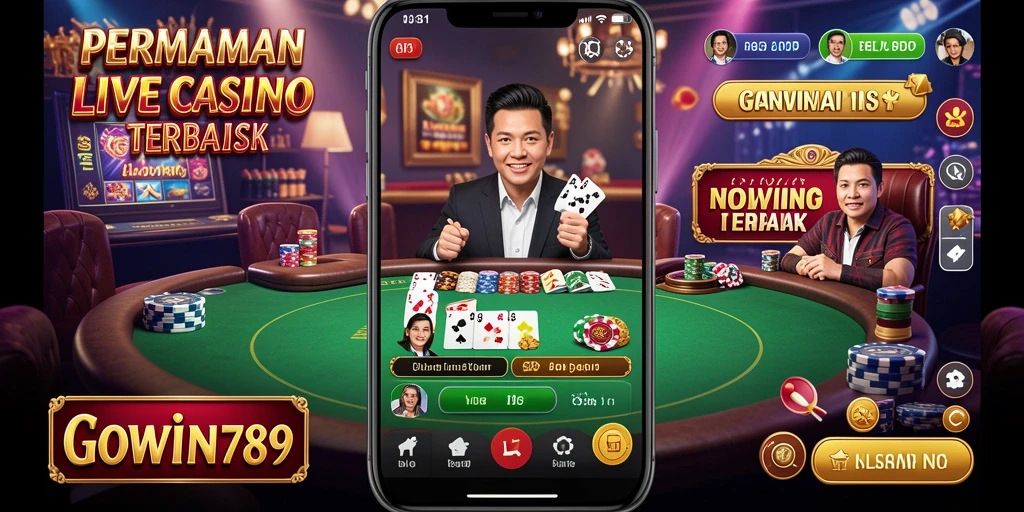 Screenshot gameplay GOWIN789 yang menunjukkan dealer langsung dan atmosfer kasino.