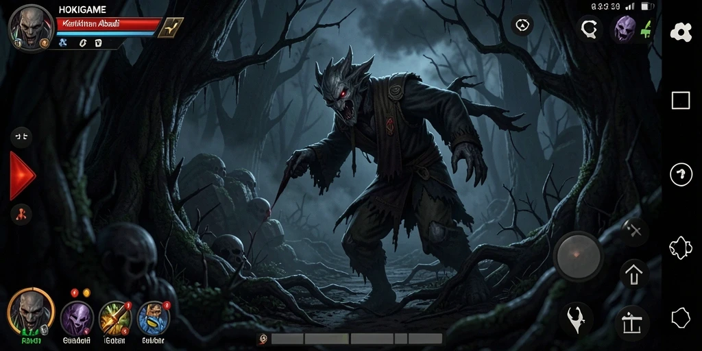 Screenshot gameplay HOKIGAME menampilkan suasana horor menakutkan.
