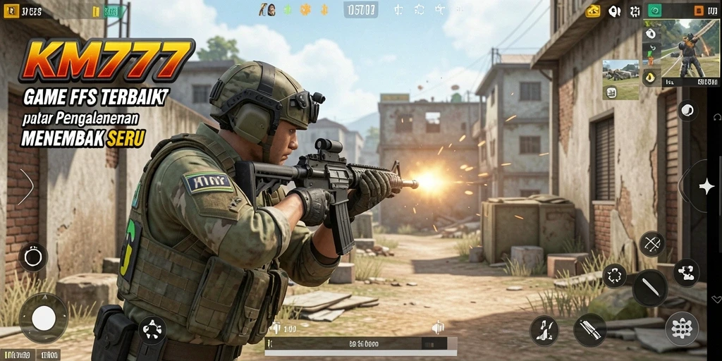 Screenshot gameplay KM777 yang menunjukkan aksi menembak intense.