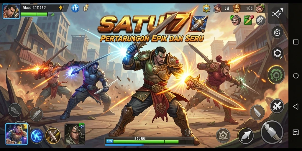 Screenshot utama SATU77 menampilkan aksi pertarungan dinamis dan karakter yang kuat.